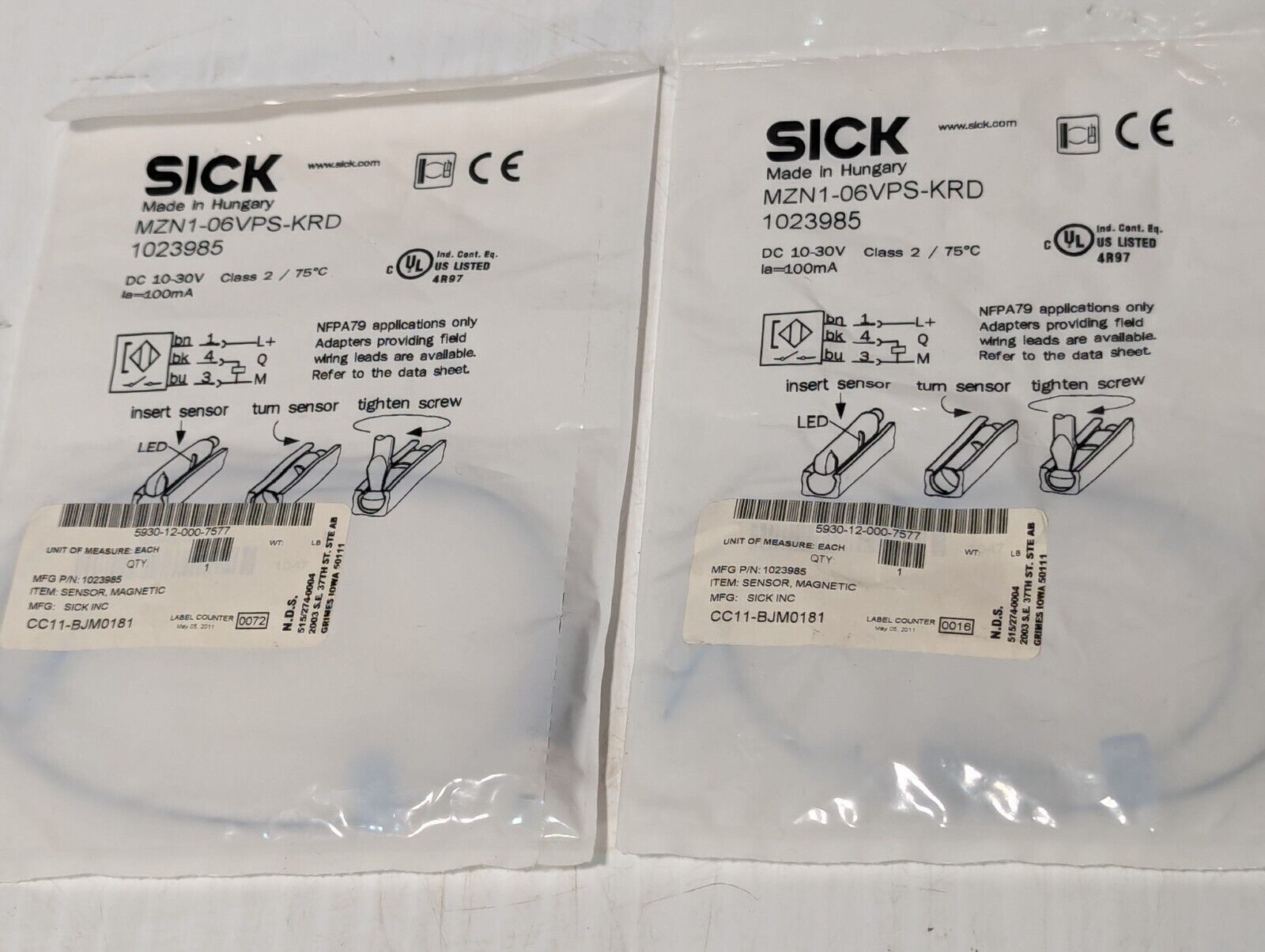 Lot of 2 Sick MZN1-06VPS-KRD 1023985 Magnetic Sensor - Free Shipping