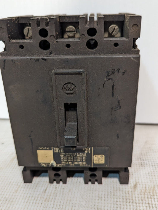 Westinghouse FB3015L circuit breaker, 15A, 4992D46G34, 600VAC, 3 pole