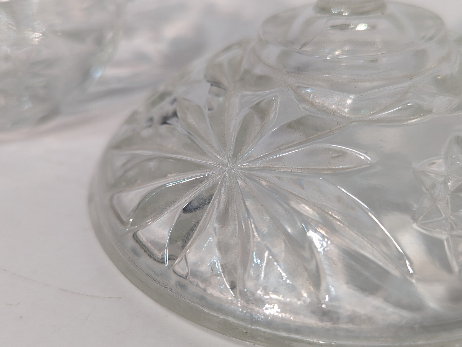 Vintage Antique Crystal Clear Glass Candy Dish, Snack Jar, Lid, Starburst Design