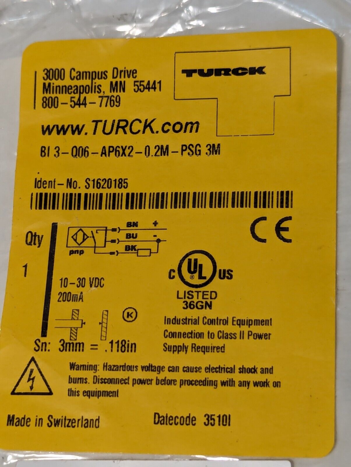 Turck BI3-Q06-AP6X2-0.2M-PSG 3M Sensor 10-30VDC - Free Shipping