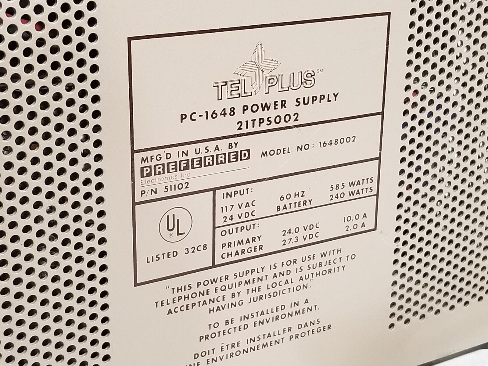 Tel-Plus PC-1648 power supply, 21TPS002, 24.0/27.3 VDC out at 10.0A/2.0A  