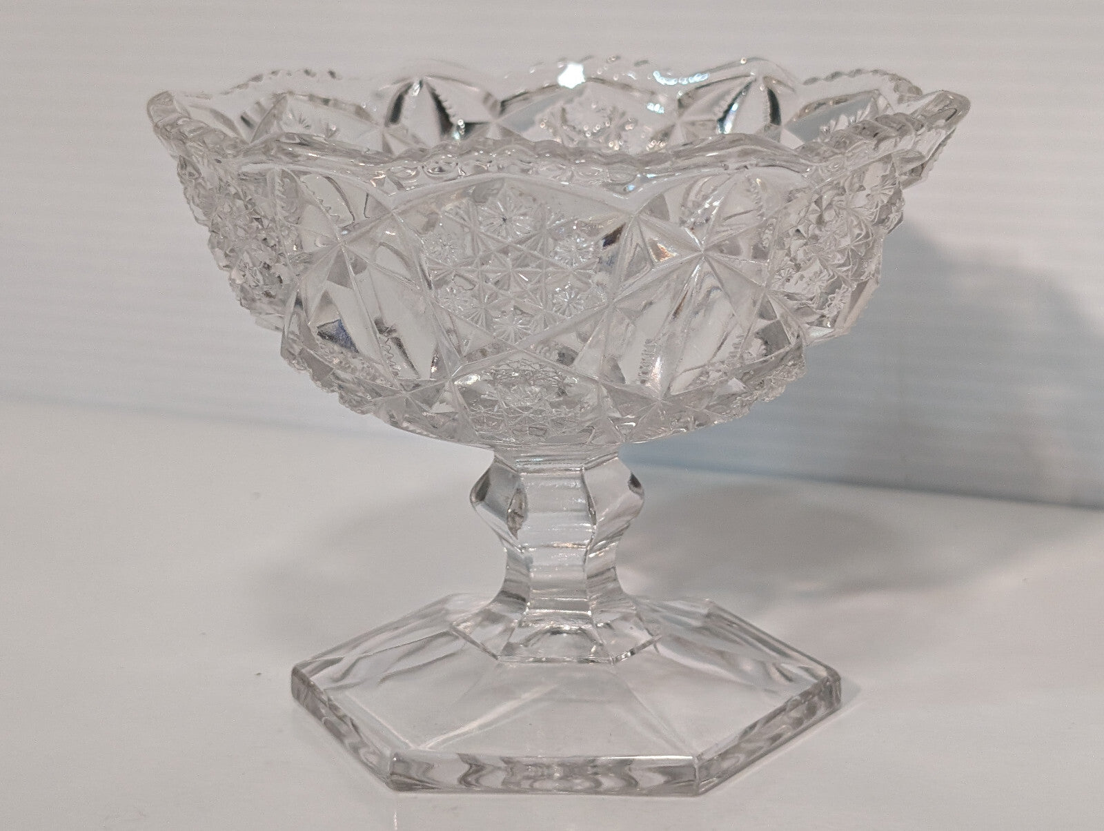Vintage Clear Glass Crystal Candy Dish Snowflake Pattern Hexagon Pedestal Base