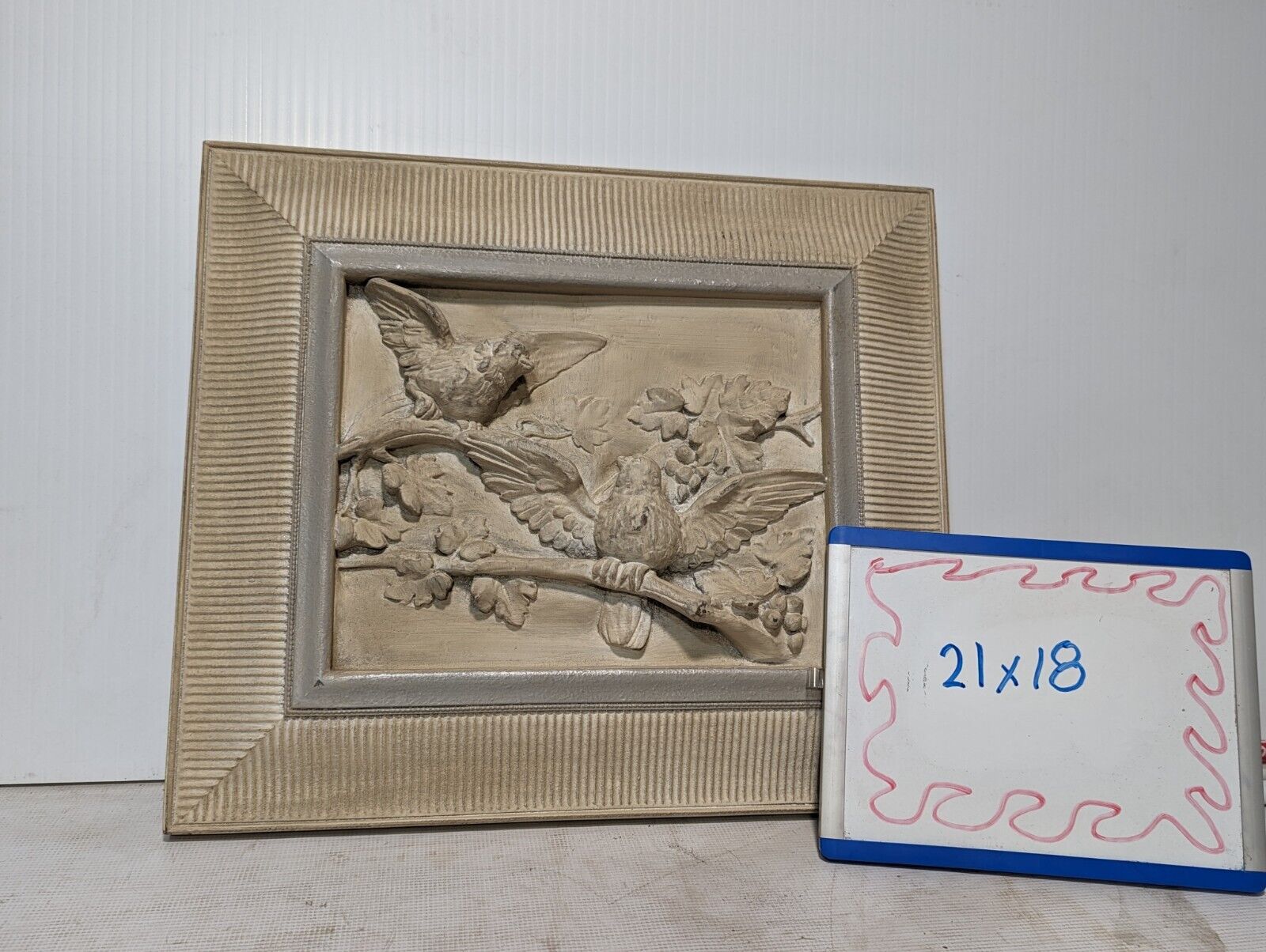 Vintage Framed Plaster Relief Art, 21" x 16", Two Birds in Spring - Free Ship