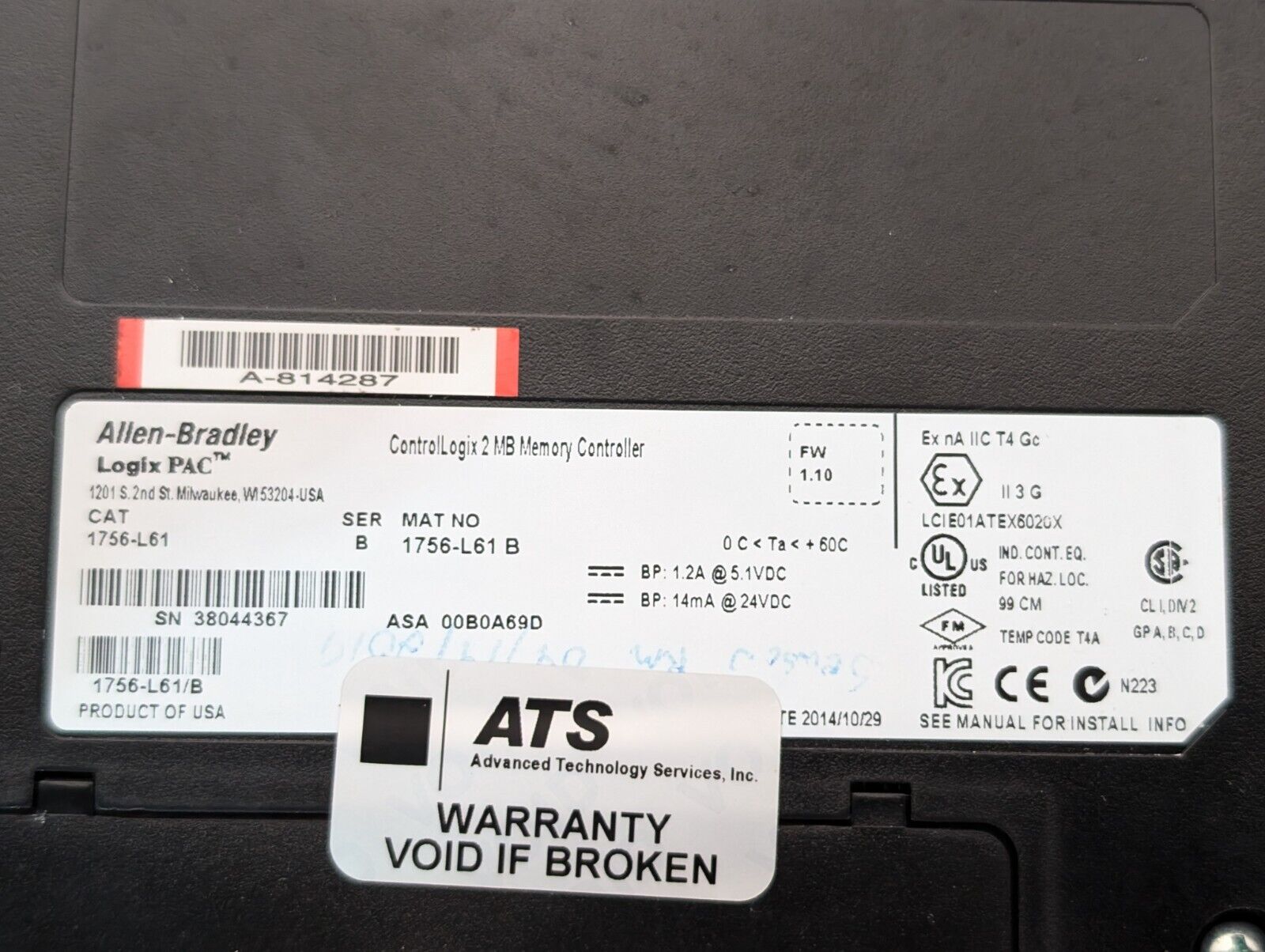 Allen Bradley 1756-L61 ControlLogix 5561 Processor Module w\ 2MB Memory, Ser B
