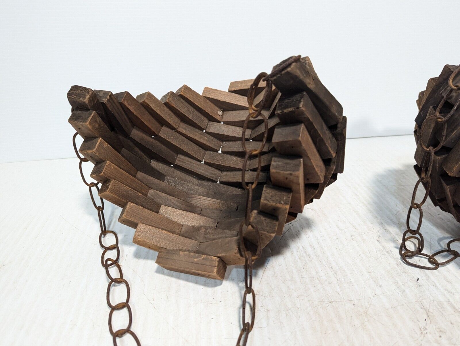 Vintage Wood Block Plant Hanger -  Teardrop Shaped Hanger on Chain - Free Ship