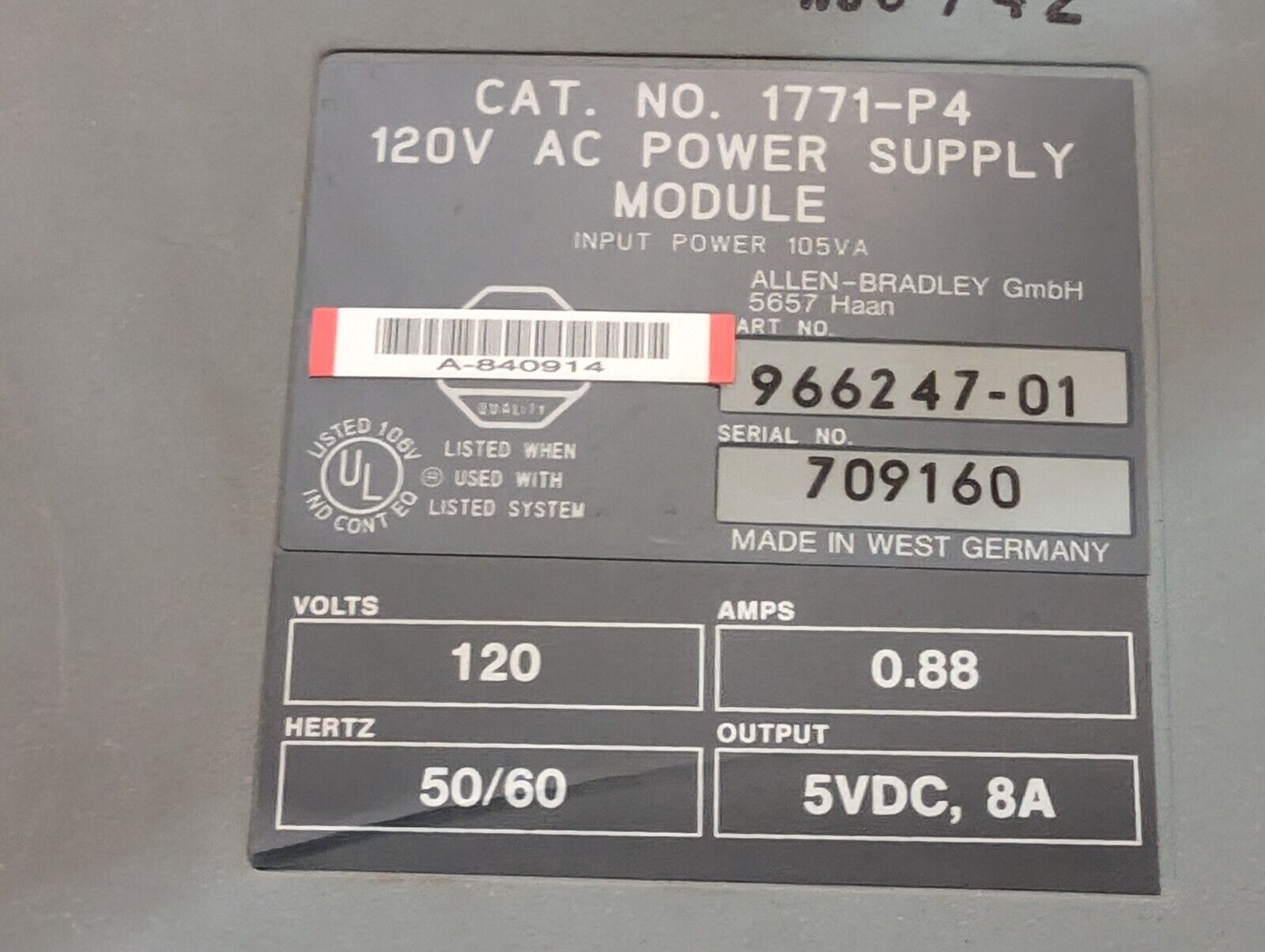Allen Bradley 1771-P4 Power Supply Module, AC Input: 120VAC, DC Output: 8A
