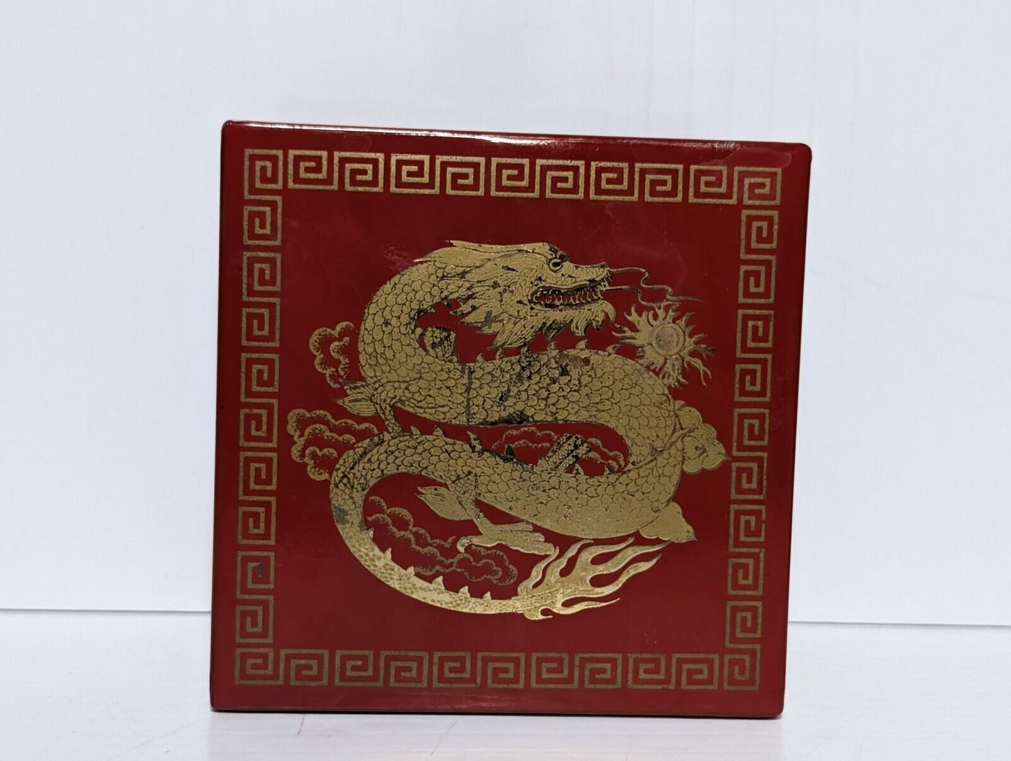 Vintage Japanese Otagiri Red and Gold Dragon Motif Lacquerware Coaster Set