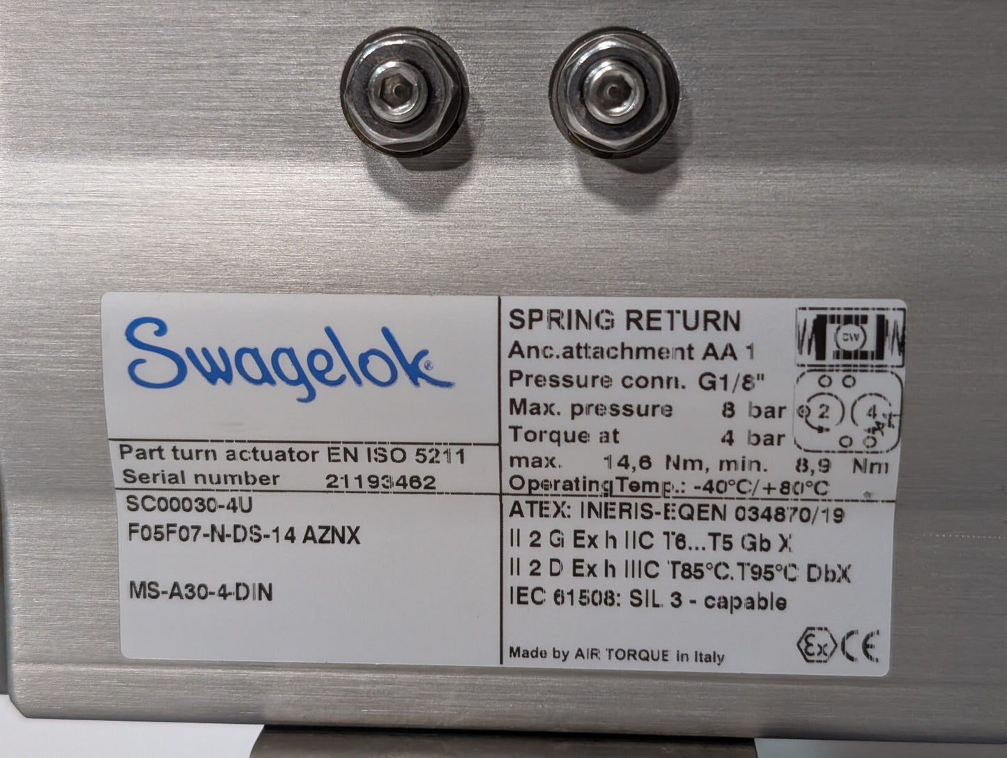Swaglok MS-A30-4-DIN Spring Return Assy SS-AFSS8 Control Valve ASCO WT8551A001MS