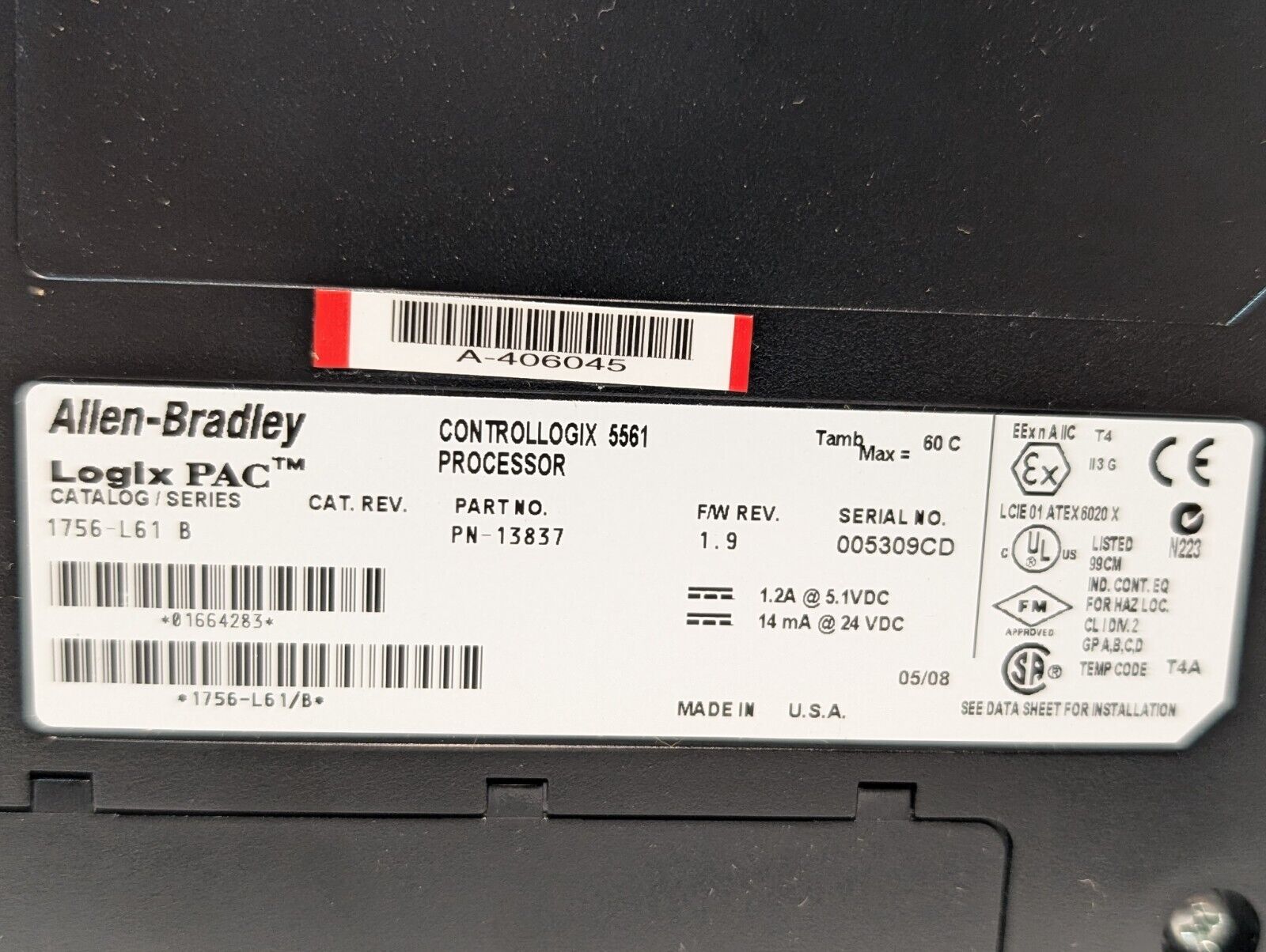 Allen Bradley 1756-L61 ControlLogix 5561 Processor Module w\ 2MB Memory, Ser B