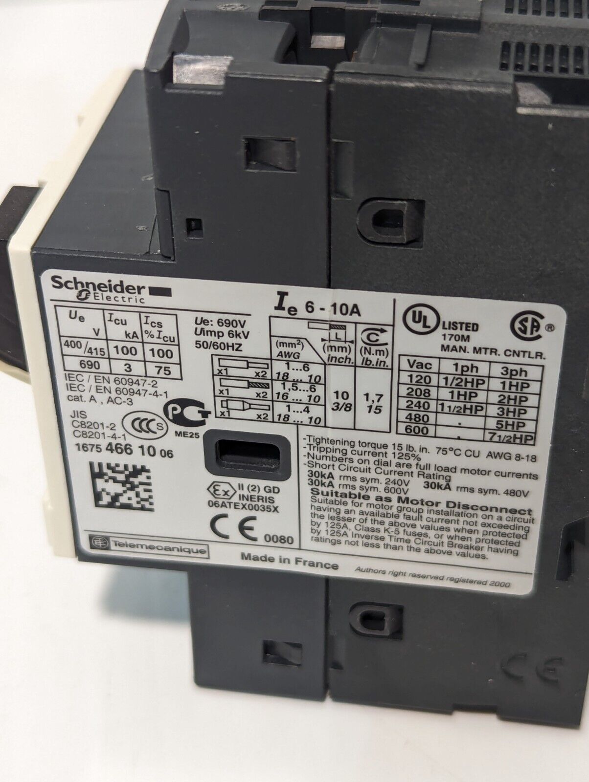 Schneider Electric GV2ME14 Manual Starter Protector 600Vac  - Free Shipping