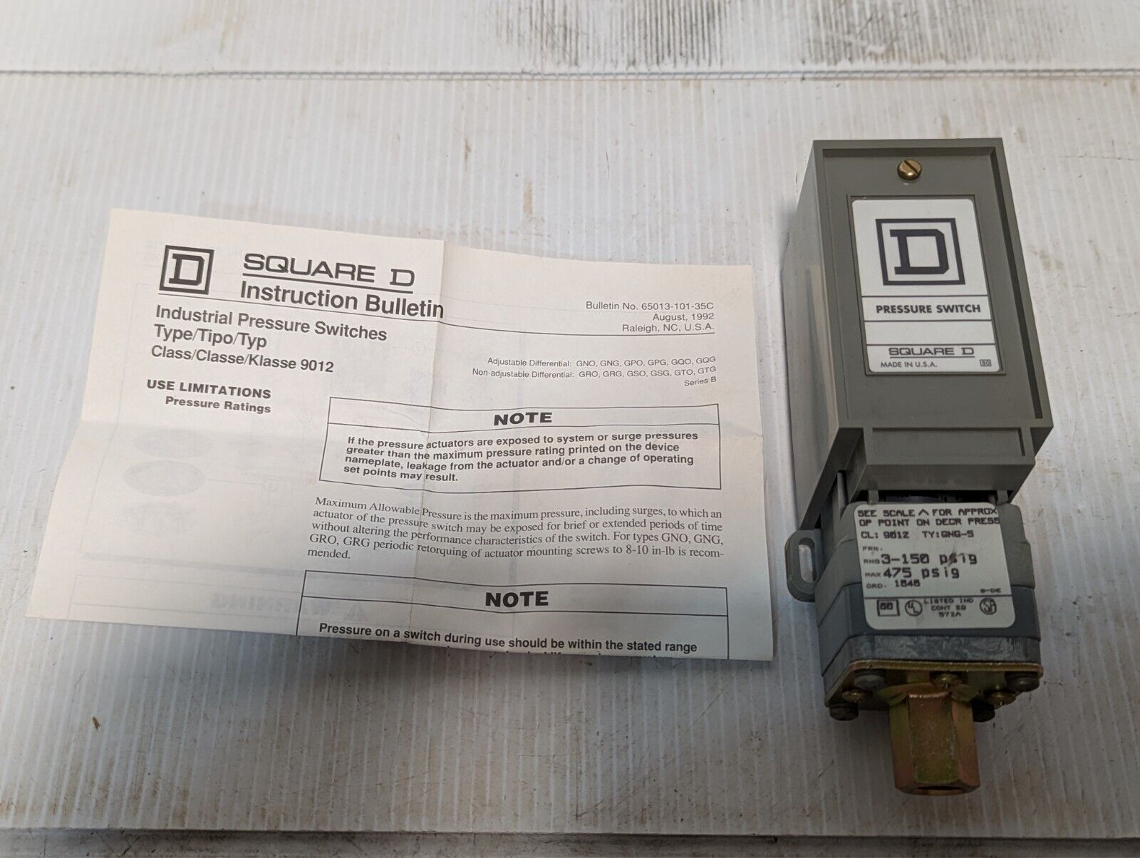 Square D 9012 GNG-5 Industrial Pressure Switch RNG 3-150 - Free Shipping+Returns