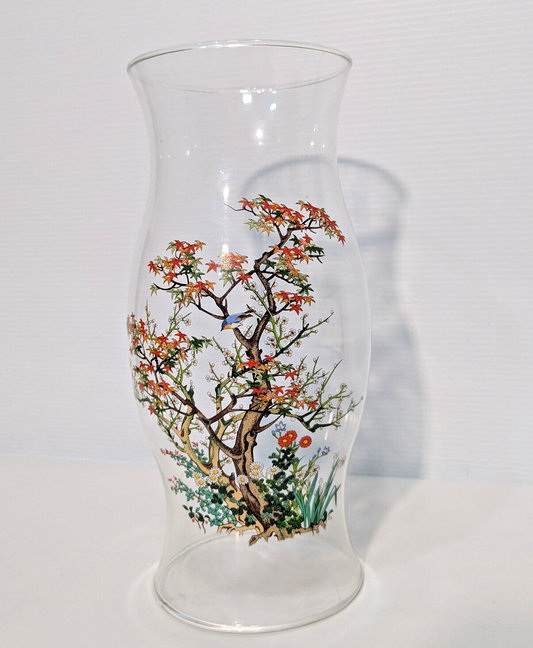 Vintage Hurricane Lamp Glass, Candle Cover, Chimney, Centerpiece, Bird, Foliage