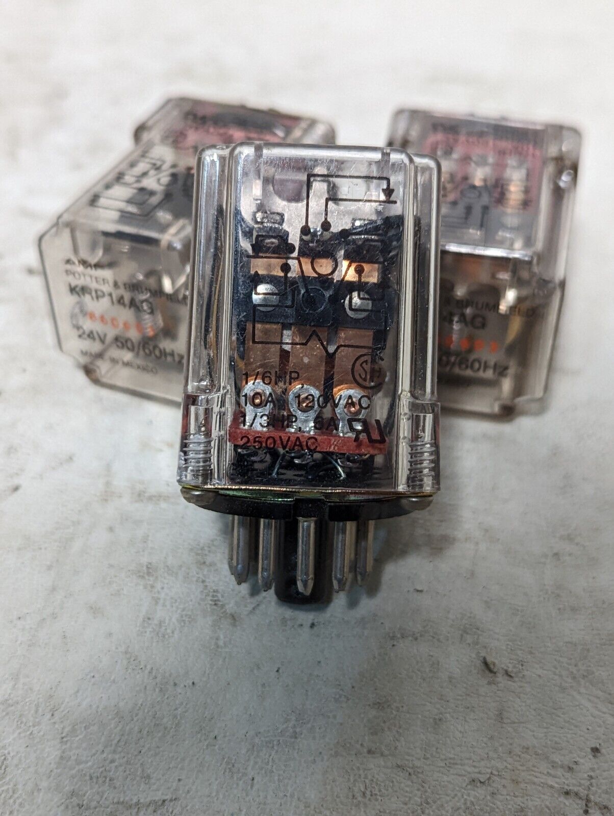 Lot of 3 Potter & Brumfield KRP14AG relays, 24VAC, 50/60Hz, 1/6HP