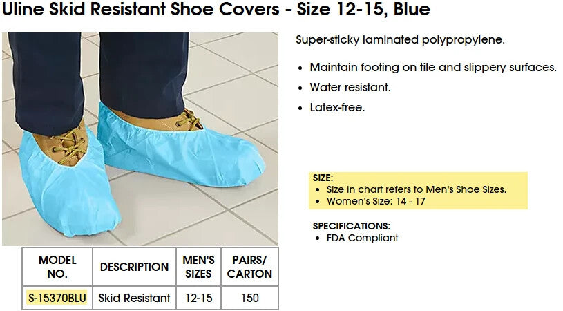 1 Box (Qty 150) Uline S-15370BLU Skid Resistant Shoe Covers, Fit Sizes 12-15