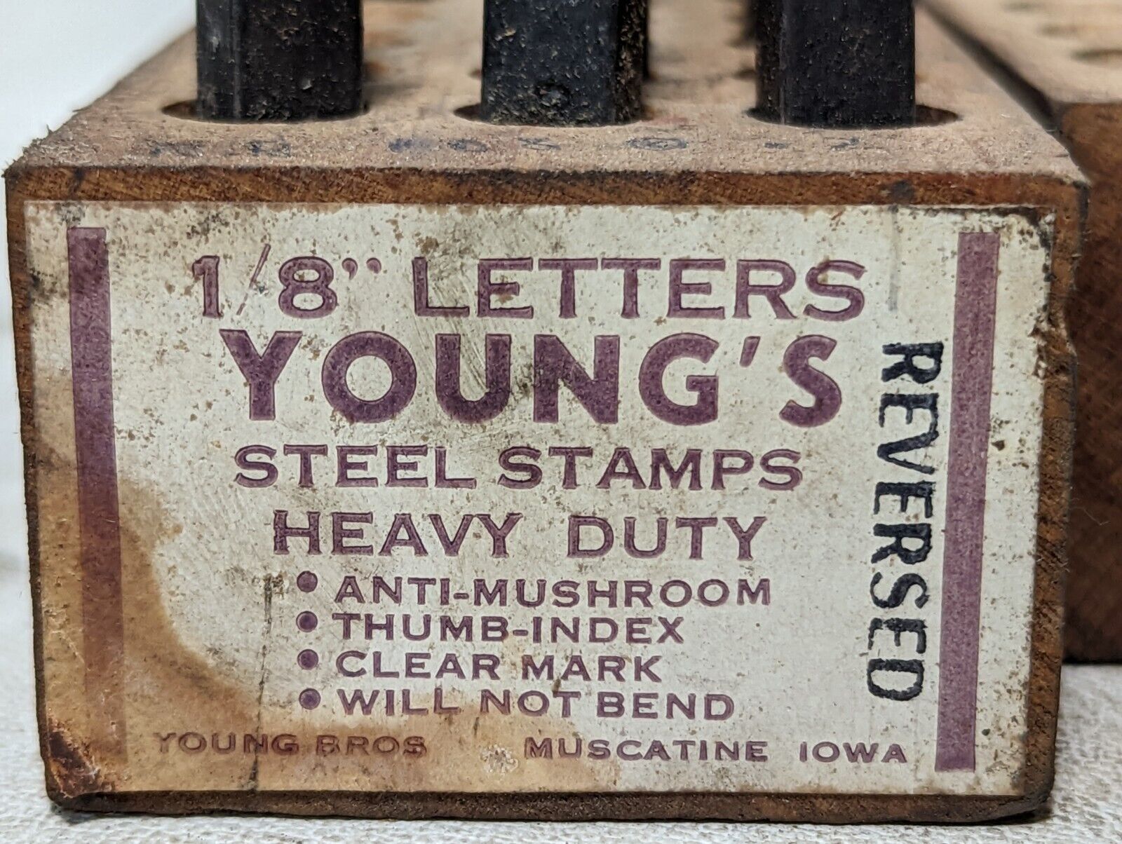 Young's steel stamps, heavy duty, 1/8 inch letters, antimushroom, thumb-index, c