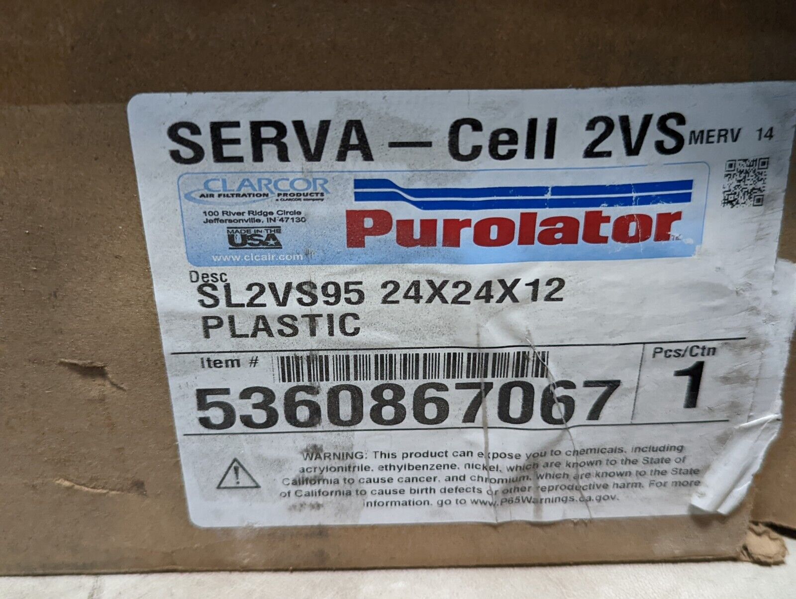 Purolator SL2VS95 24x24x12, plastic, item #5360867067, SERVA - Cell 2VS filter