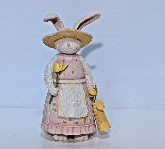 Vintage Bunny Rabbit Gardener Resin Figurine Cottage Core Tulip Easter Spring