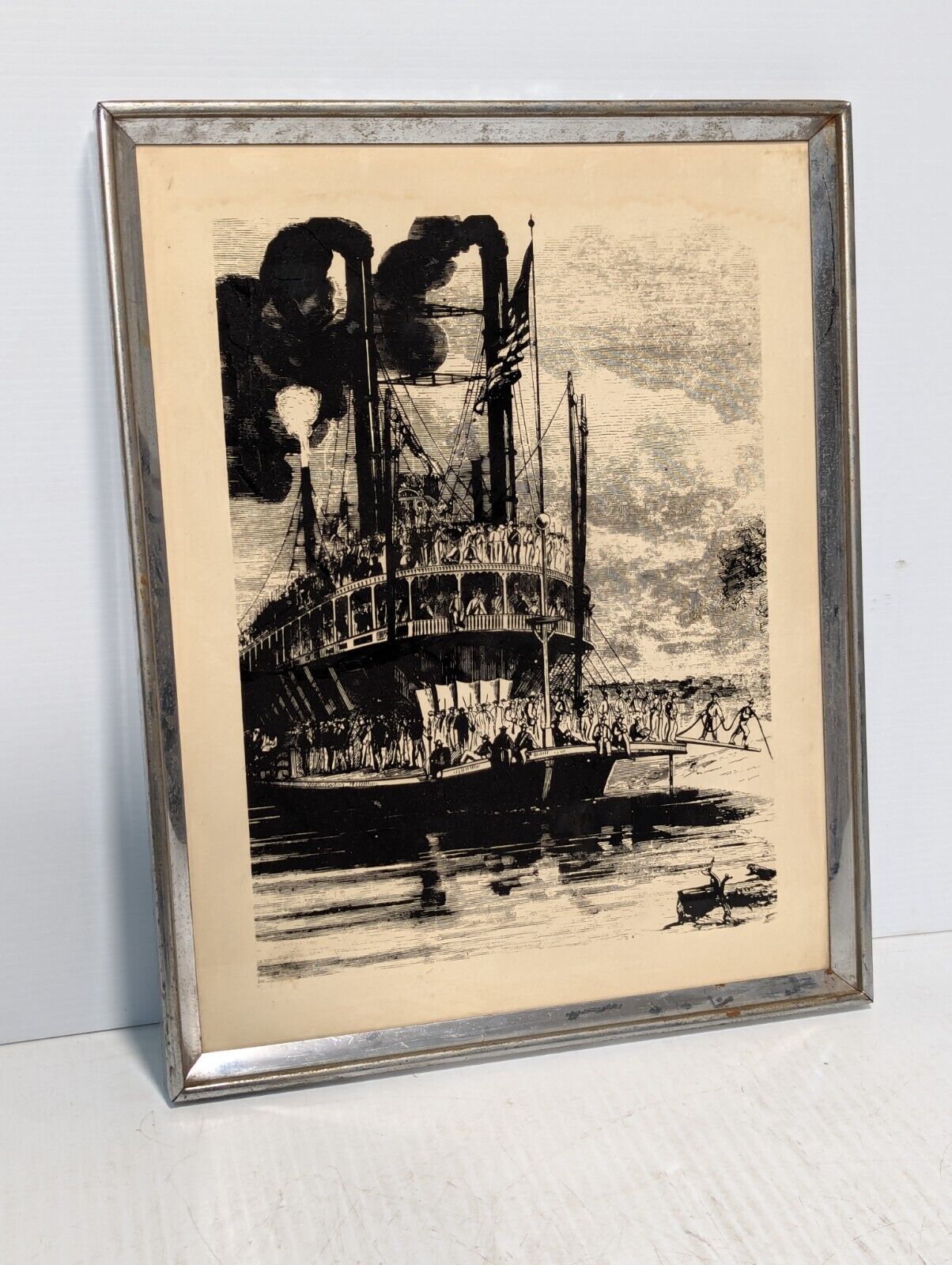 Vintage Steamboat Ship Print, Woodcut Etching, Silver Framed, Unsigned-Free Ship