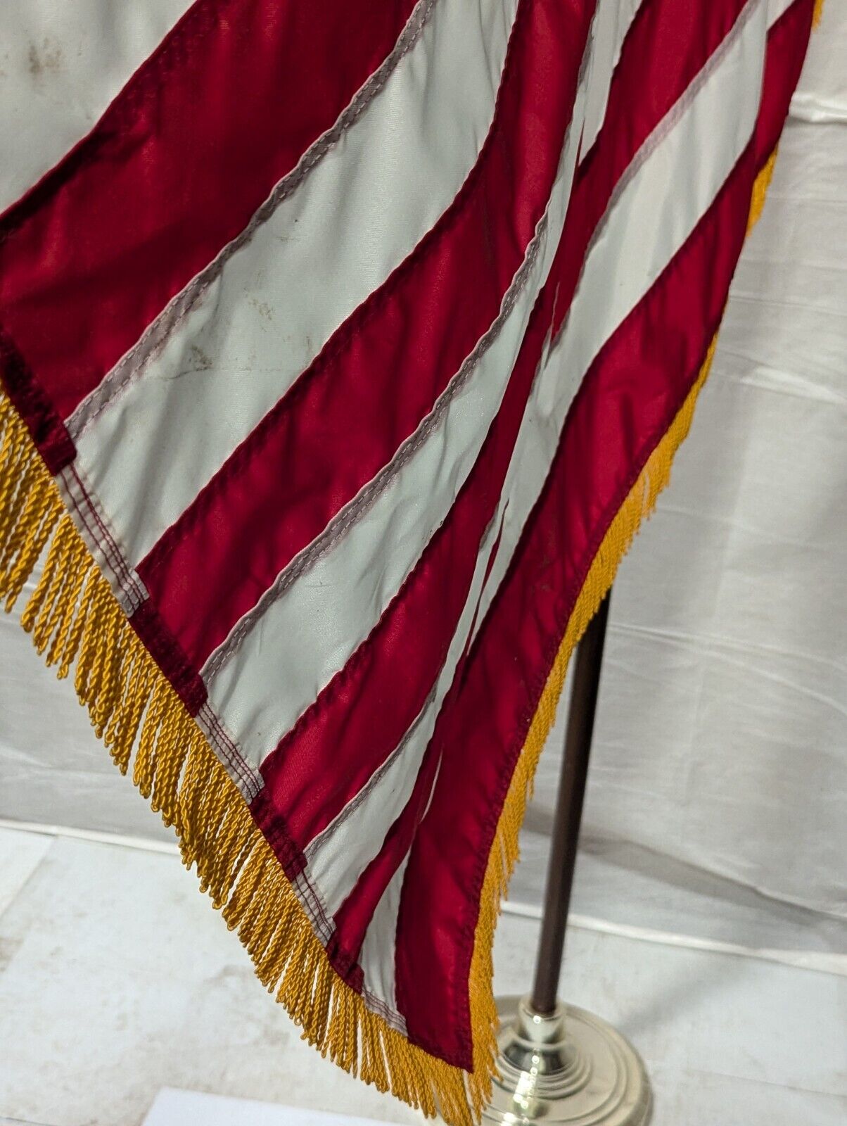 Vintage Indoor 3' x 5' American Flag With Gold Fringe and Wooden Flag Pole 99" H