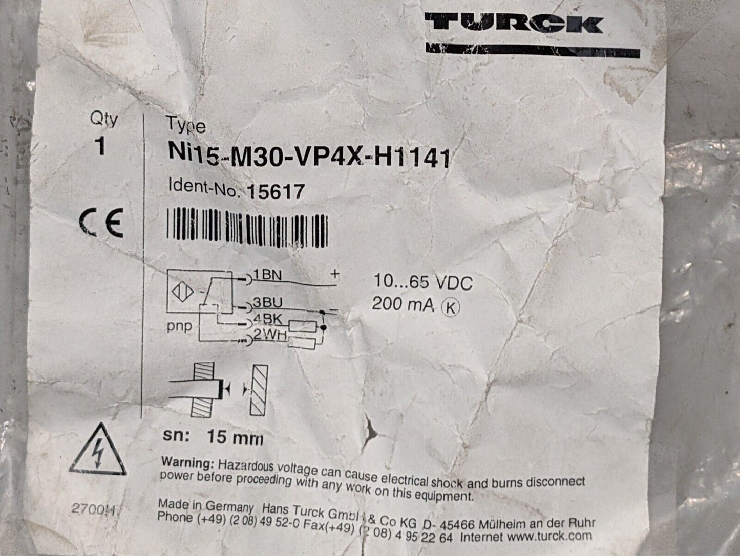 Turck Ni15-M30-VP4X-H1141 inductive sensor, 15617, 10-65VDC, 15mm, 200mA