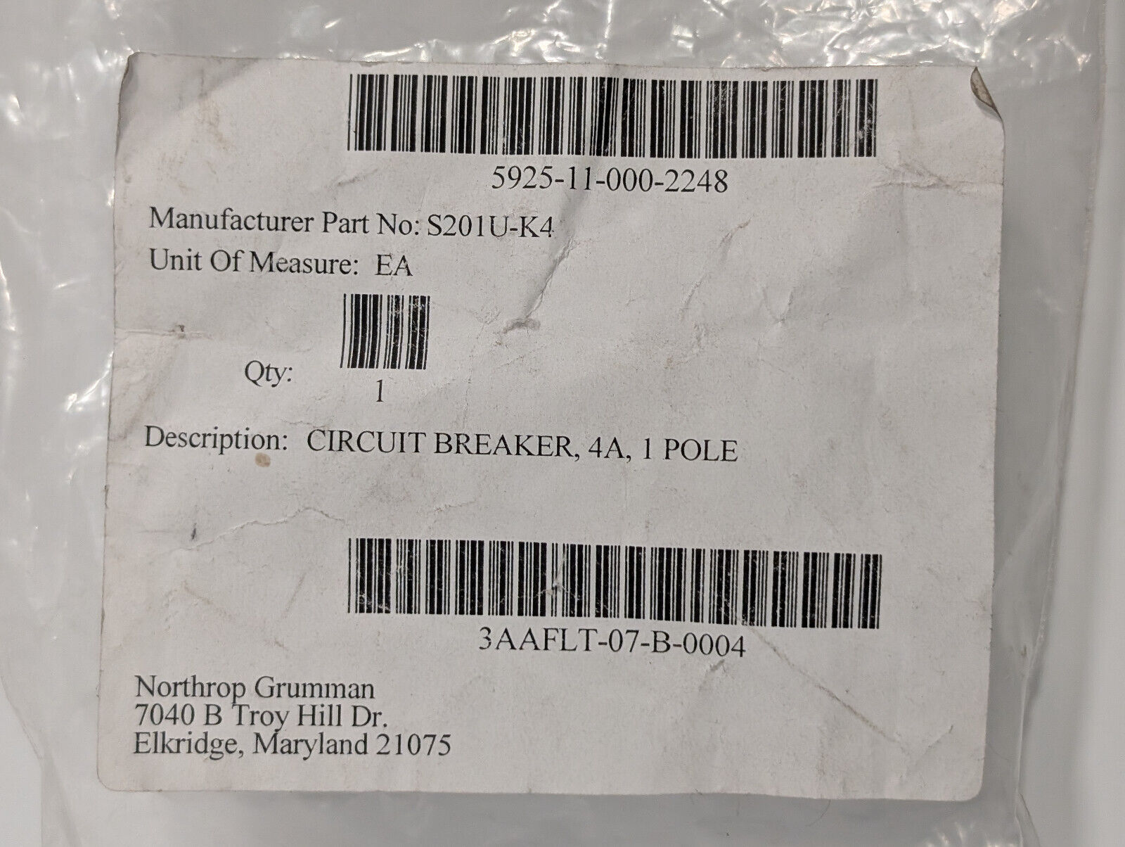 ABB S201U-K4 Circuit Breaker, 4A, 1 Pole, Made in Germany, 50/60 Hz, E212323