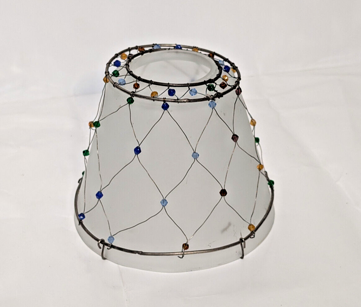 Vintage smoked glass, beaded, silver wire, lamp shade for accent lamp, 4.5"x5.5"