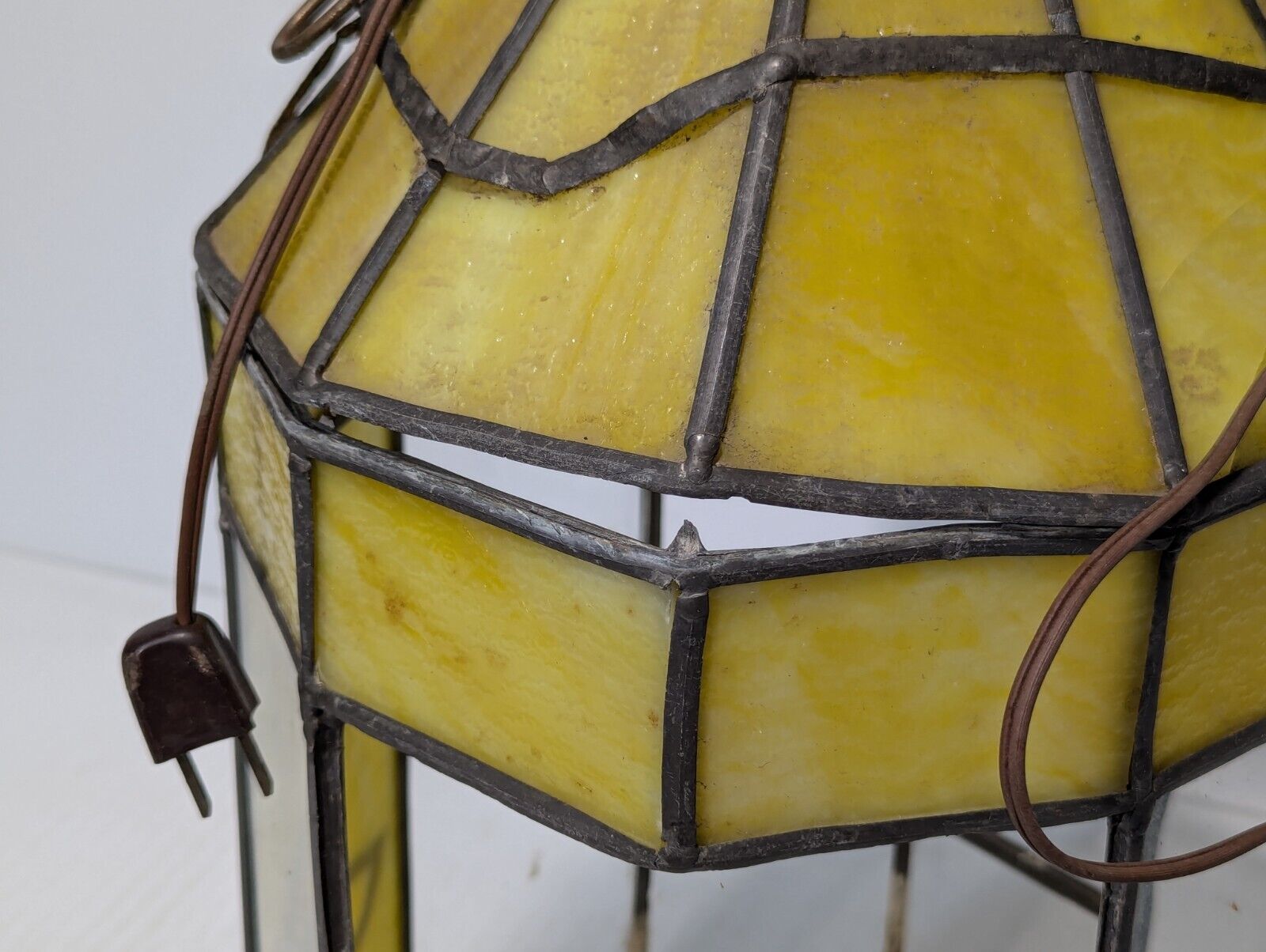 Vintage Yellow Slag Glass Hanging Terrarium Lamp, Stained Glass, - Free Shipping