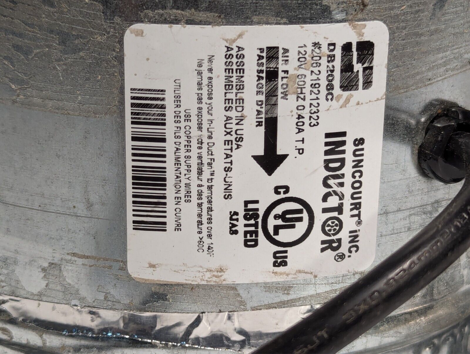 Suncourt DB206C in-line duct air booster fan, 120VAC, 60Hz, 0.4A as pictured