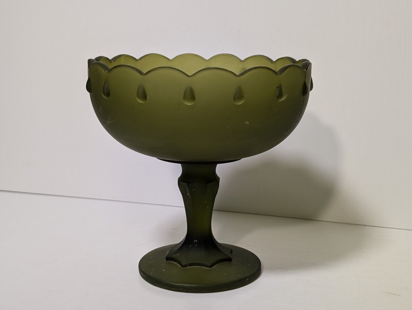 Vintage Indiana Green Frosted Stemmed Pedestal Glass Bowl - Teardrop Pattern