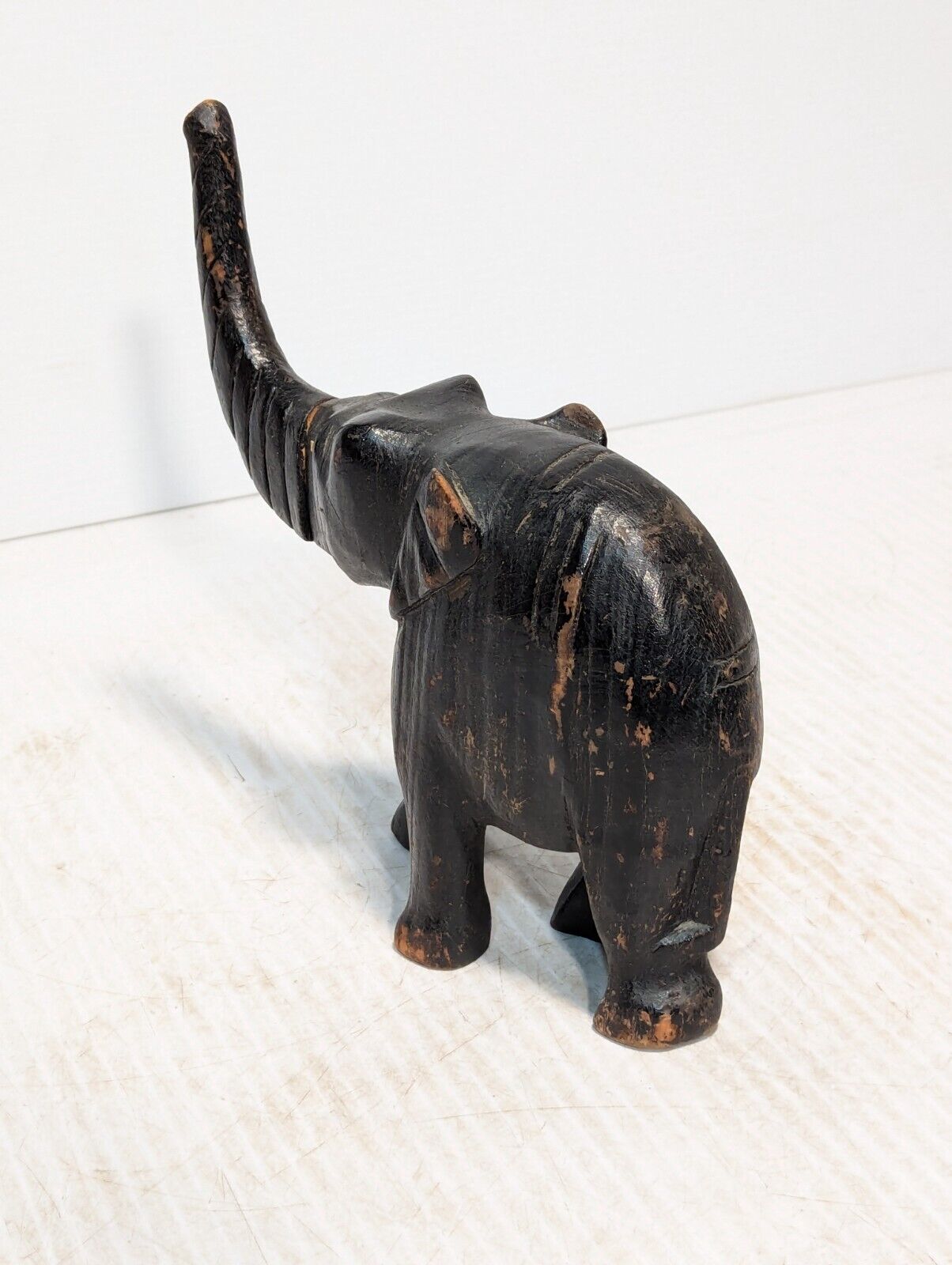 Vintage Hand Carved Black Wooden Elephant Figurine, Unique Design -Free Shipping