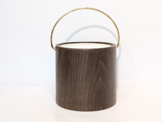 Vintage 1970s Party Ice Bucket Vinyl Faux Wood Grain Gold Handle, No Lid