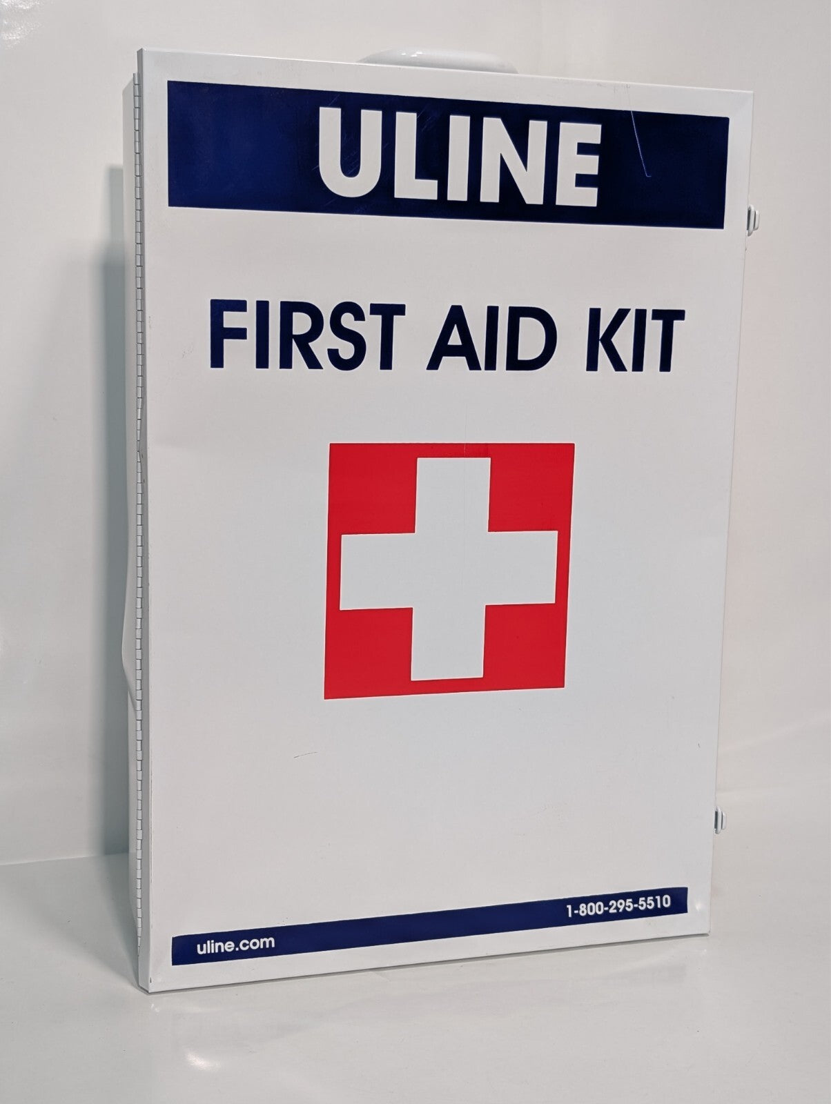 Uline First Aid Cabinet, 4 shelf, metal case, no contents, 22x15x6 inch, dings