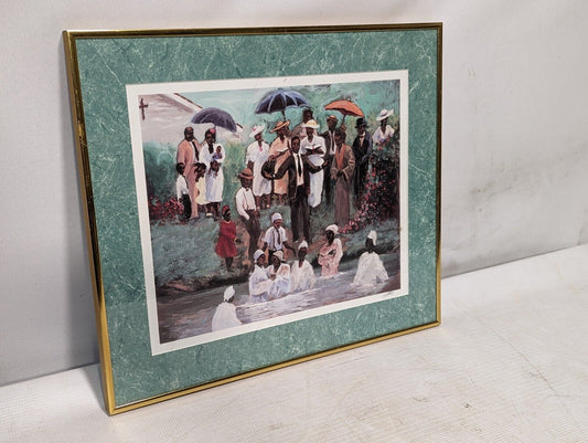 African American Folk Art Print - River Baptism - Framed 18"x15"