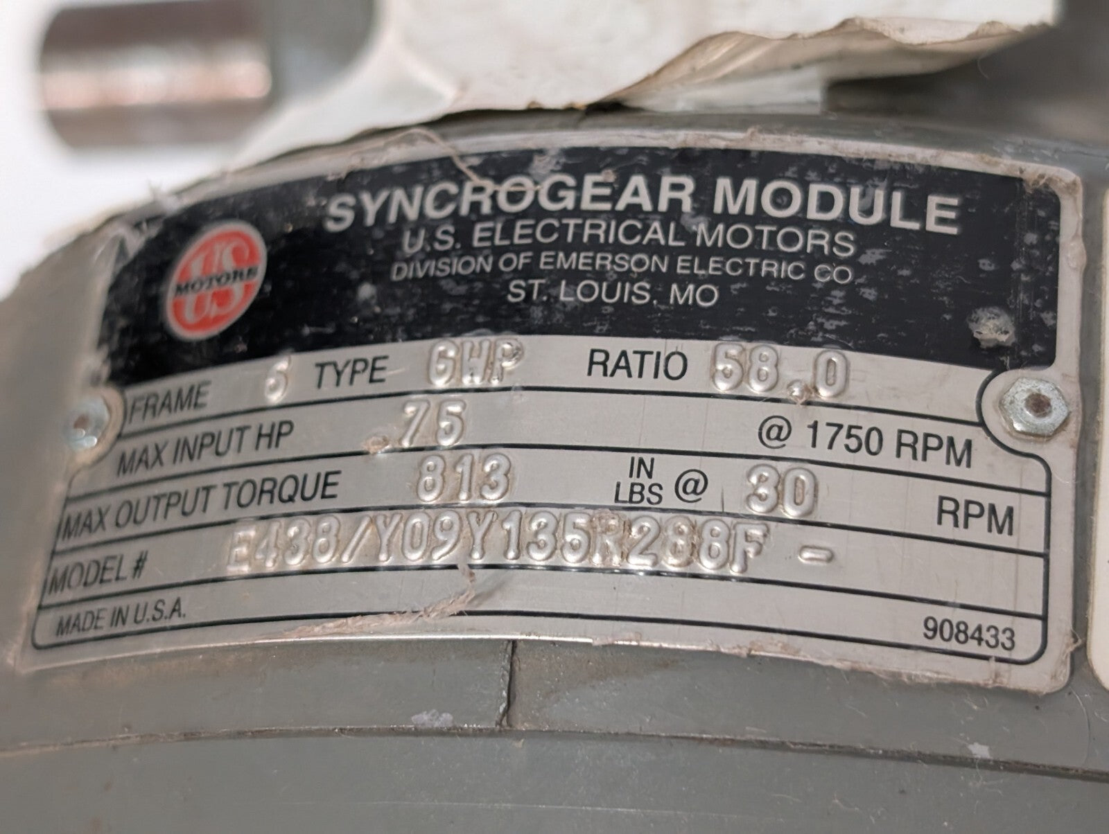 US Motor  E180A Gear Motor, Unimount 125, 0.50hp, 1745rpm, SF: 1.35, Frame: 56