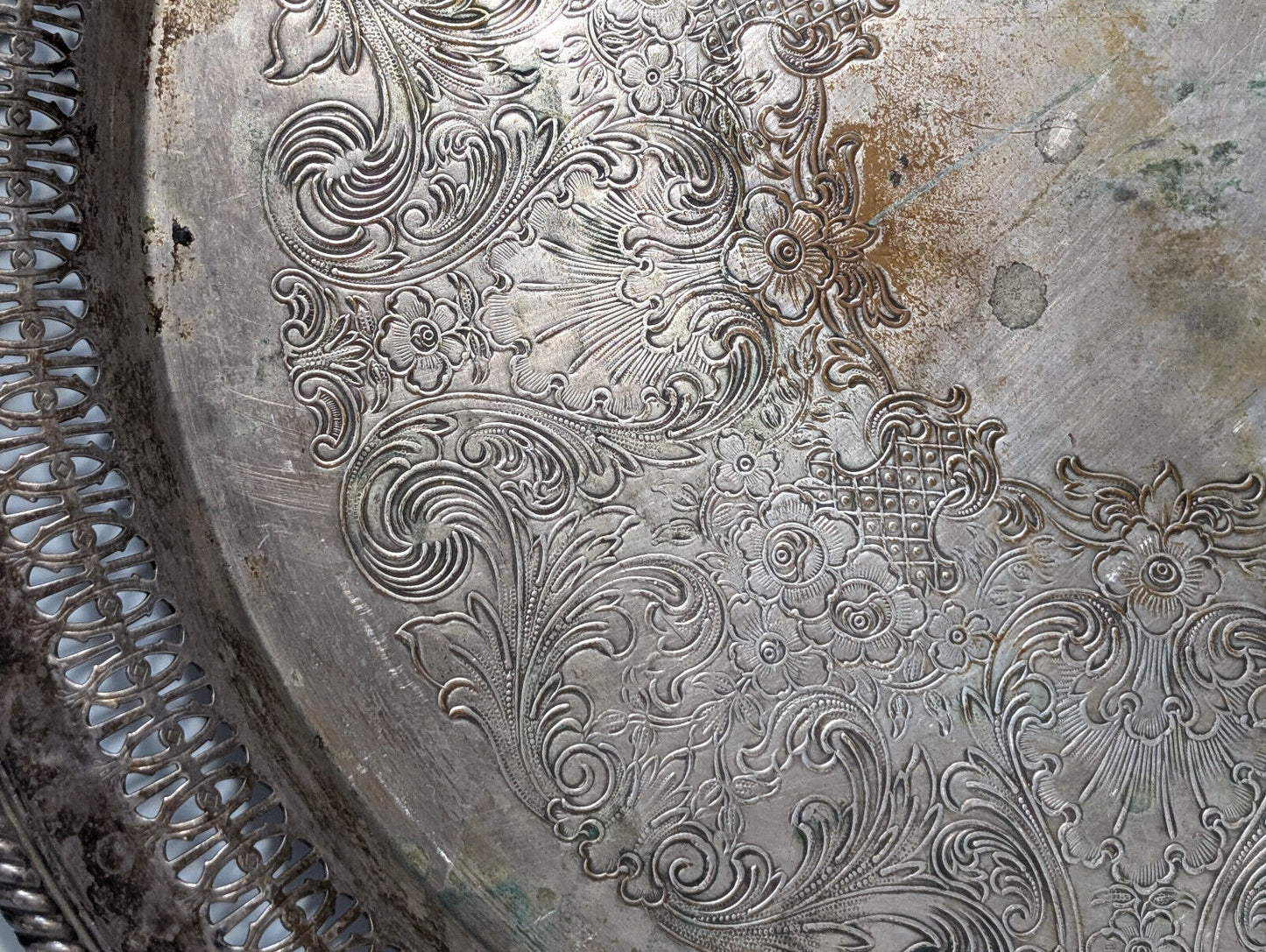 Vintage 15" Sterling Silver Plated Serving Platter, Tray, Victorian, Filagree