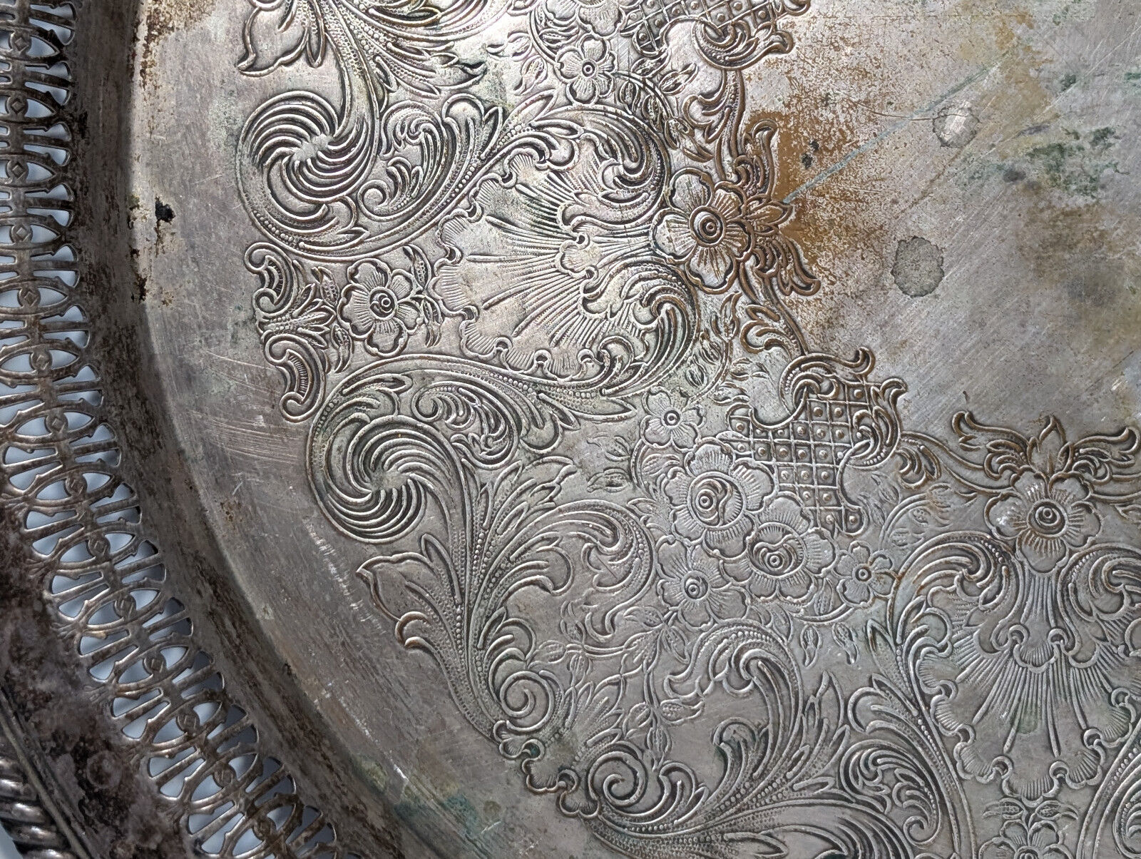 Vintage 15" Sterling Silver Plated Serving Platter, Tray, Victorian, Filagree