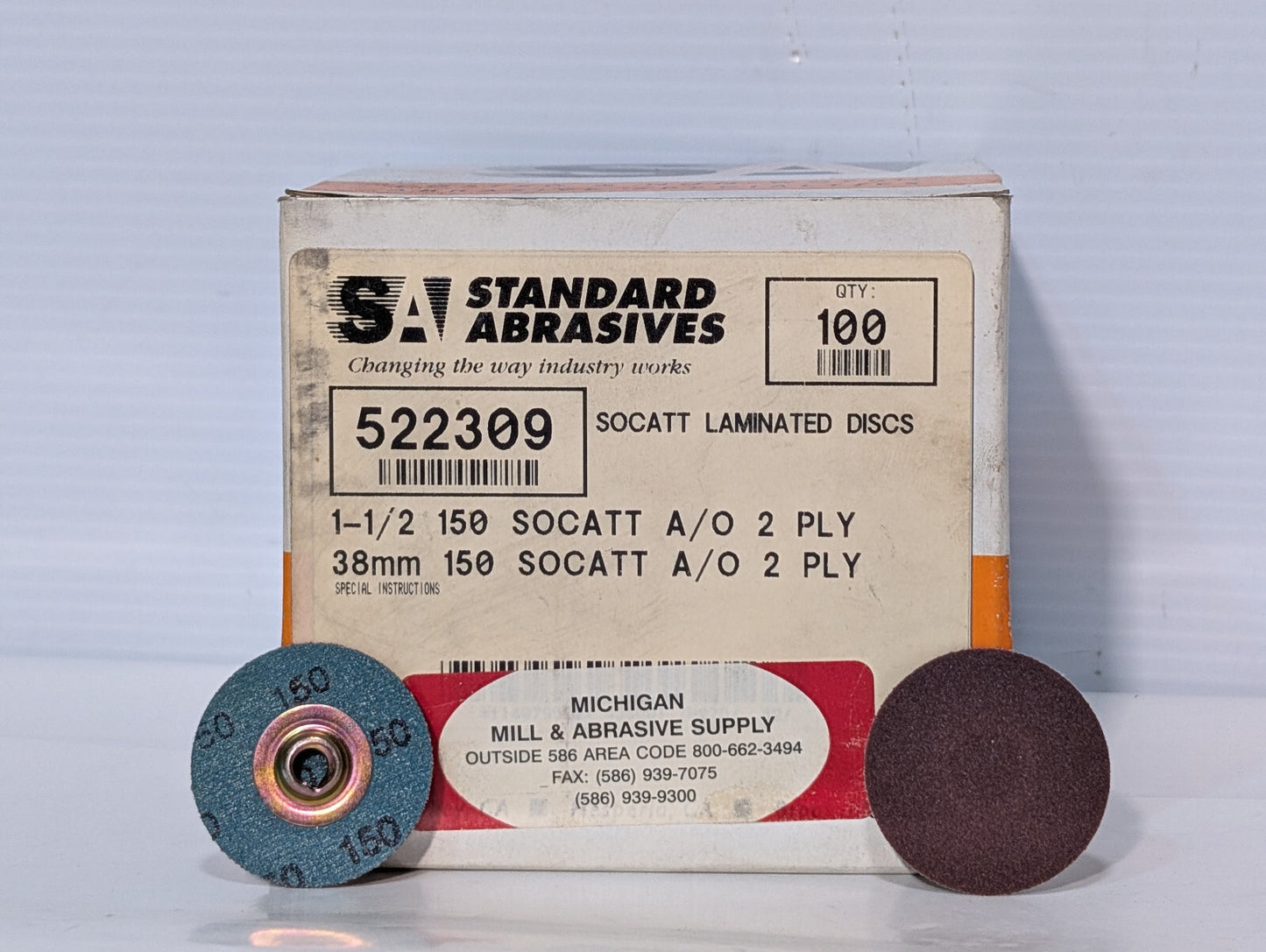 Standard Abrasives 100ct 522309 SOCATT Laminated Discs, 1-1/2", 150 Grit, 2 Ply