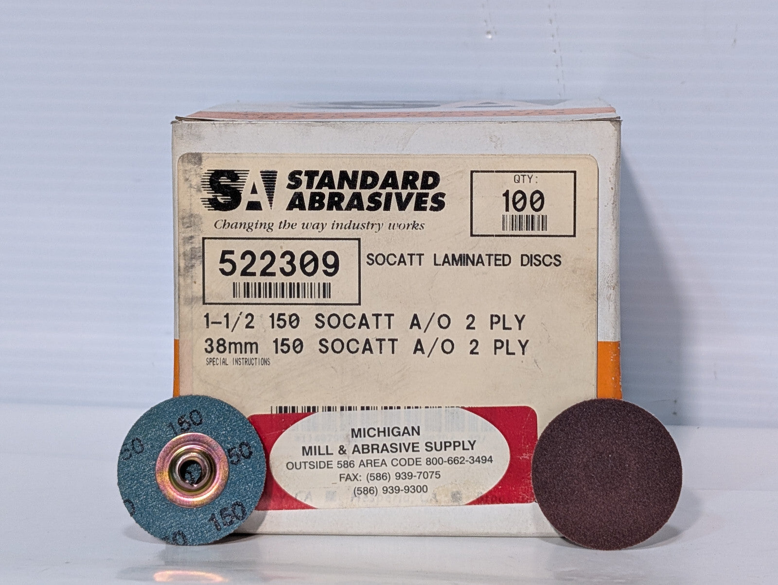 Standard Abrasives 100ct 522309 SOCATT Laminated Discs, 1-1/2", 150 Grit, 2 Ply