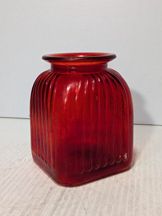 Vintage Red Ribbed Glass Vase\Jar\Canister, 9" T x 6" W x 5" Opening - Free Ship