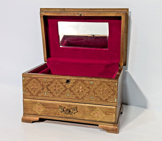 Vintage 1960s Gold Florentine Royal Sealy Wooden Drawer Chest Mirror Jewelry Box