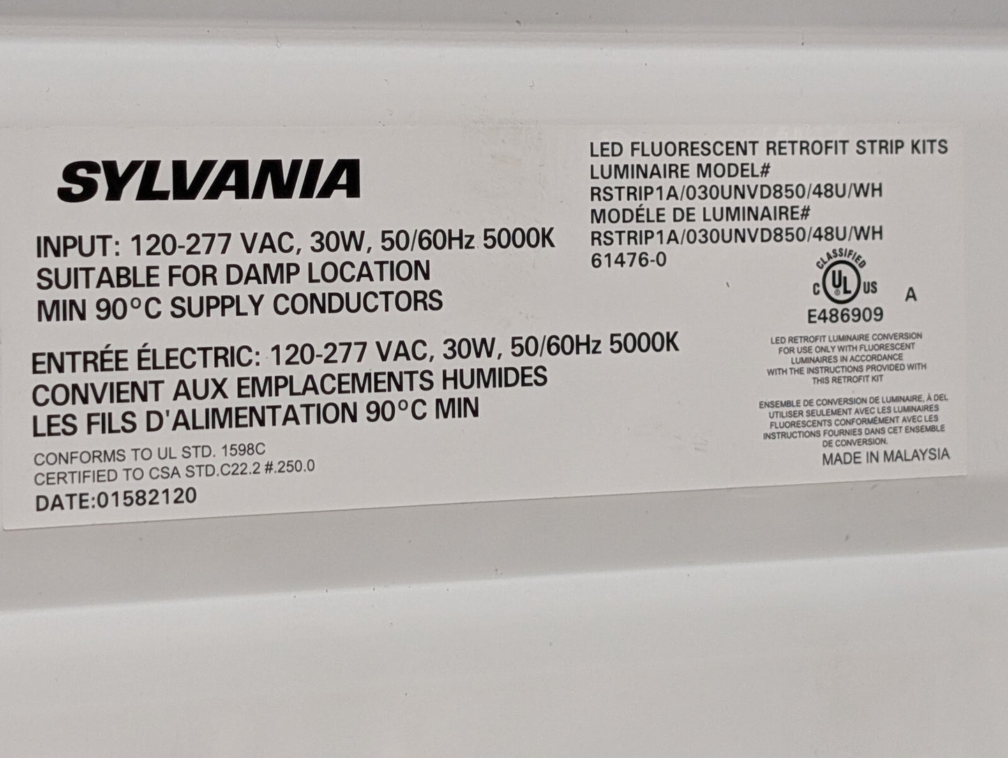Sylvania 4' Retrofit Strip, 61476, 5000K Daylight, 0-10V Dimmable, 30W, 120-277V