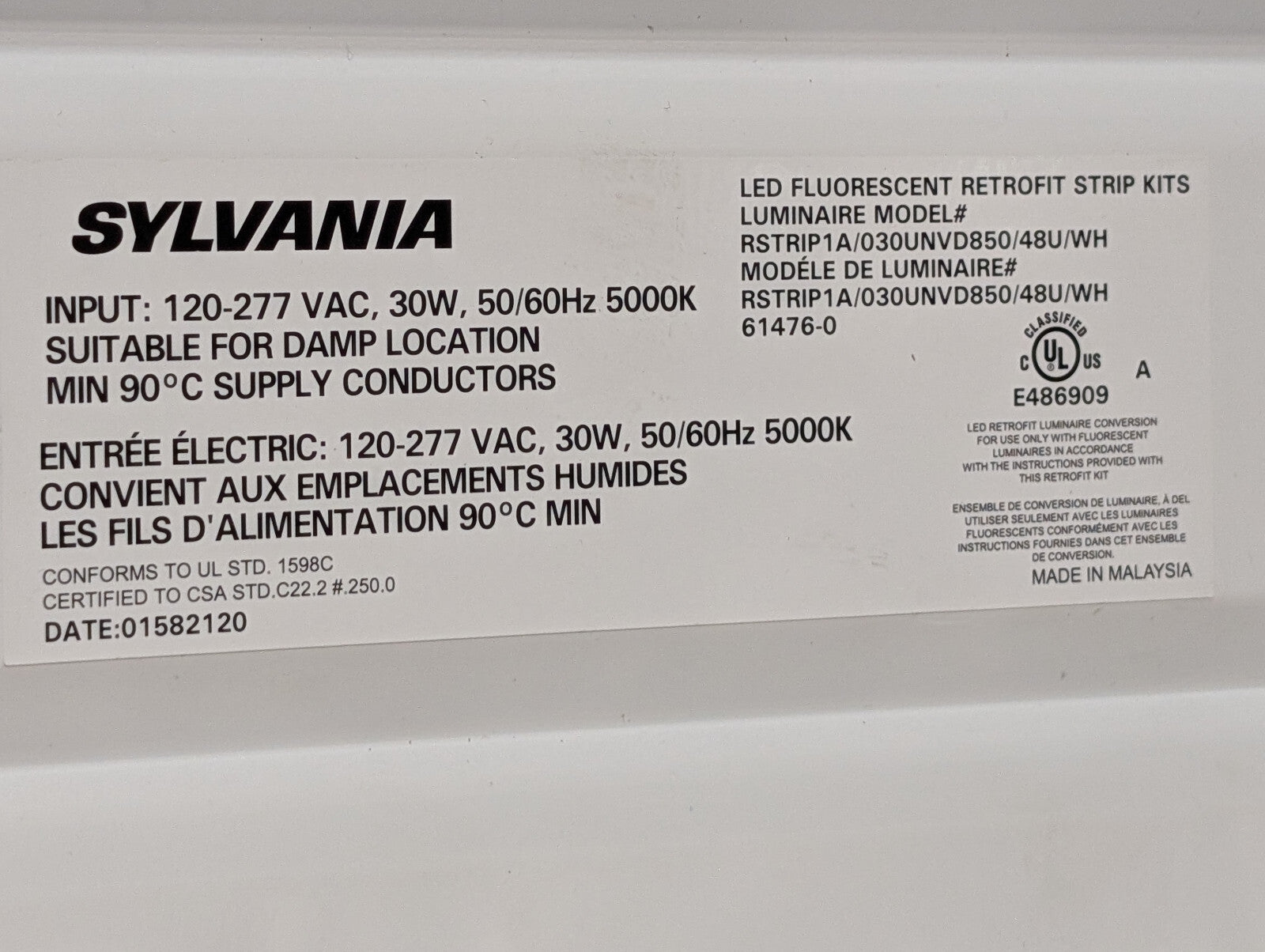 Sylvania 4' Retrofit Strip, 61476, 5000K Daylight, 0-10V Dimmable, 30W, 120-277V