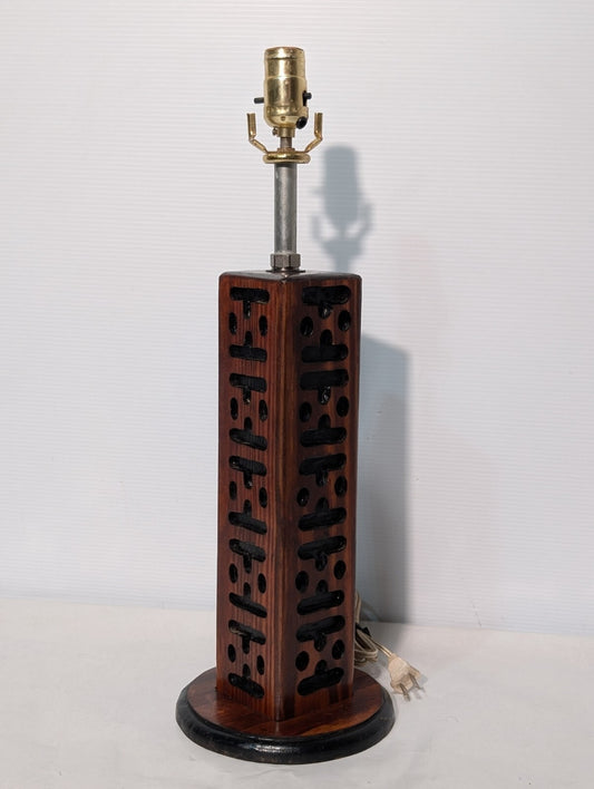 Vintage Wooden Table Lamp With Engraved Pattern 21" Tall 7" Wide Base