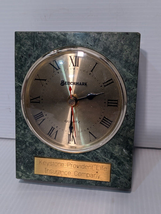 Vintage Benchmark Desk Clock in Green Granite, Keystone Provident- Free Shipping
