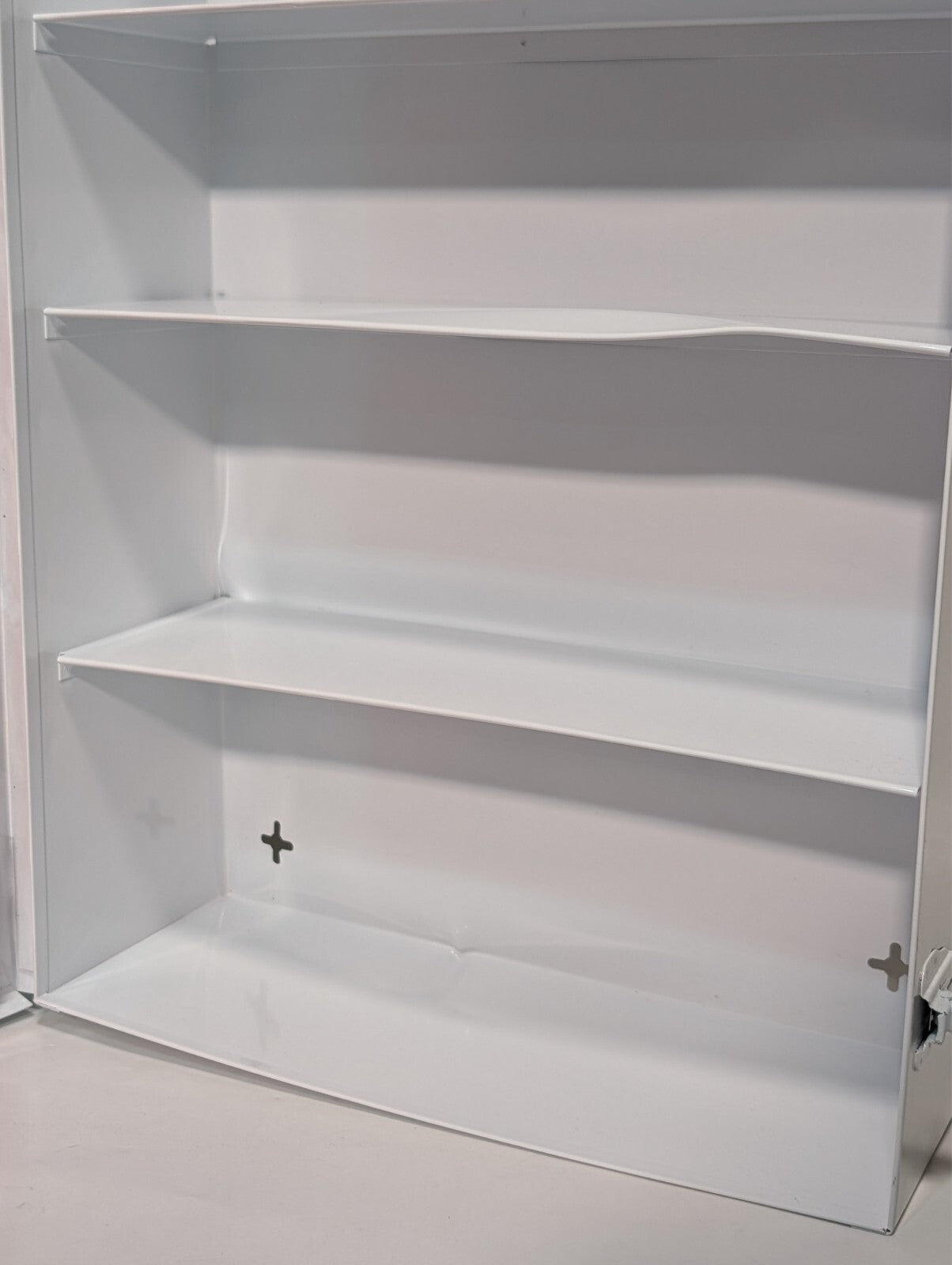 Uline First Aid Cabinet, 4 shelf, metal case, no contents, 22x15x6 inch, dings