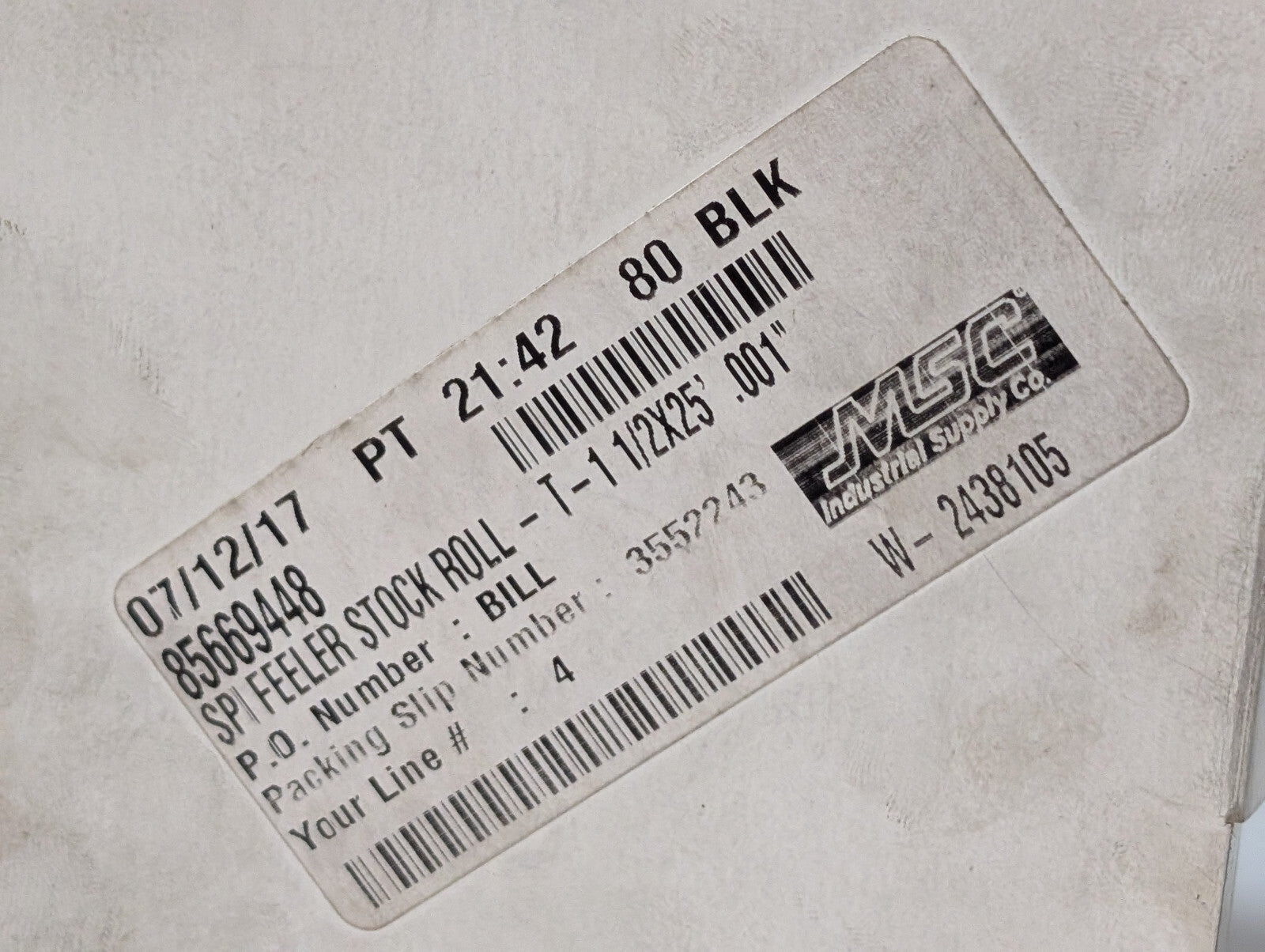 SPI 91-416-8 High Carbon Steel Feeler Stock Roll 1/2"W, 25'L, .001 Thick Coil