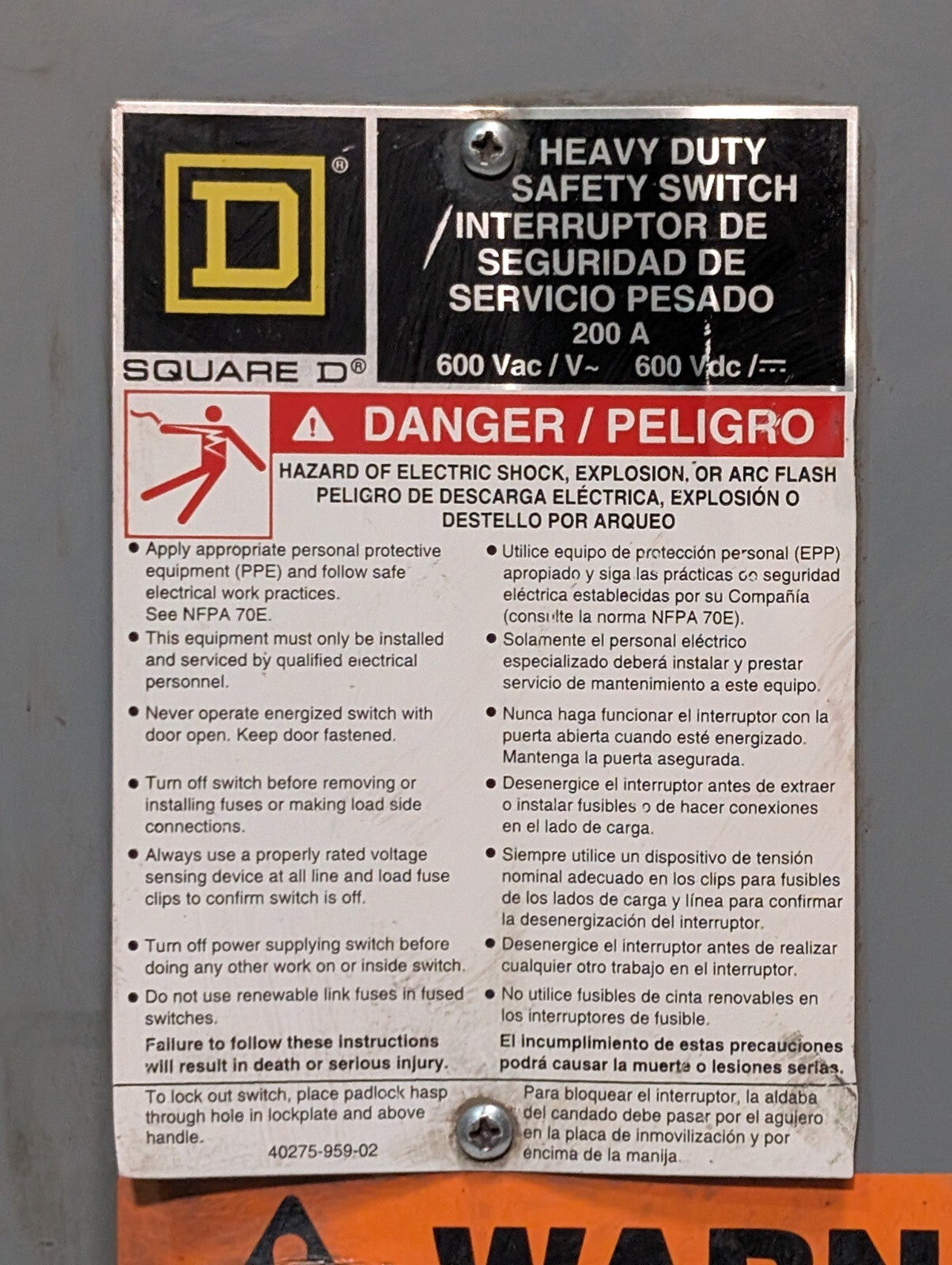 Square D H364 Heavy Duty Safety Switch, 200A, 600vac, 600vdc, Indoor Use, 3Phase