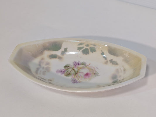 Vintage Three Crowns Germany Floral Porcelain Oval Dish China Luster Ware