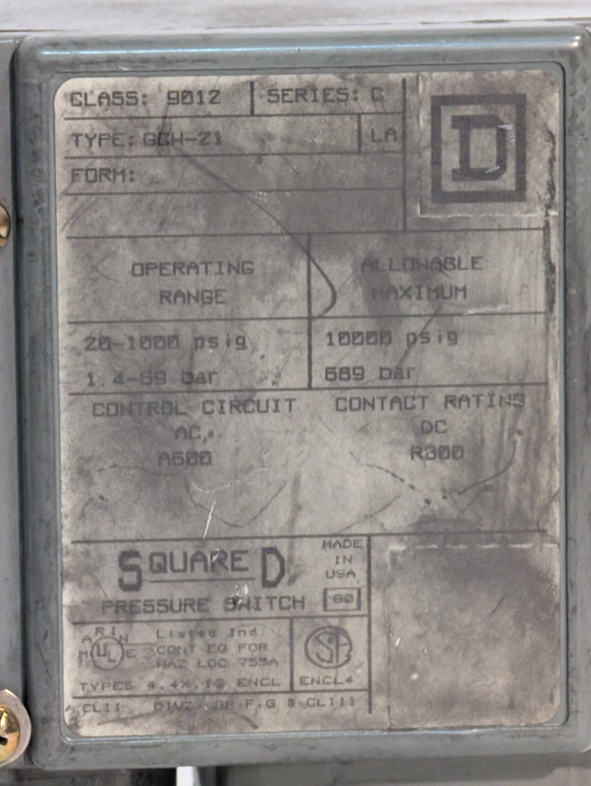 Square D 9012 GCW-21 Pressure Switch / Interrupter Series C 20-1000 psig