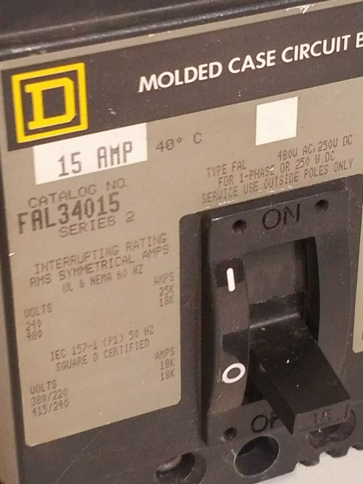 Square D FAL34015 Series 2 Circuit Breaker 3 Pole 15A 480VAC 250VDC